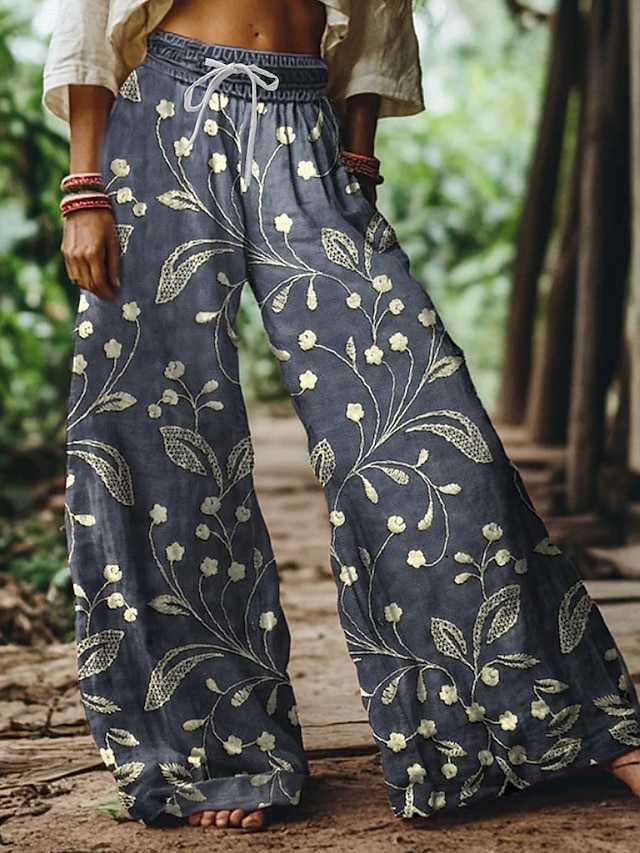  Femmes Jambe large Chinos Pantalons Amples Vacances ancien Style Ethnique Longueur complète Taille haute Fleuri Graphique Impression Chaleur Thermique Respirant Doux Micro-Élastique Vacances Rue