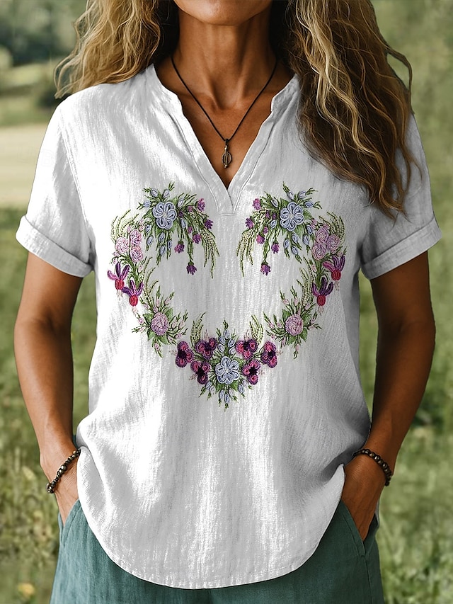  Dame Bluse Hjerte Blomstret Grafisk Stilfull Kortermet V-hals Hals med hakk Vanlige topper Daglig Trykt mønster Hvit Sommer
