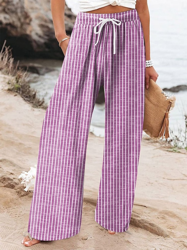  Women's Wide Leg Chinos Beach Shorts Vacation Fashion Casual Full Length High Waist Graphic Stripe Drawstring Printing Soft Breathable Micro-elastic Vacation Casual Daily Violet Robin's Egg Blue Green
