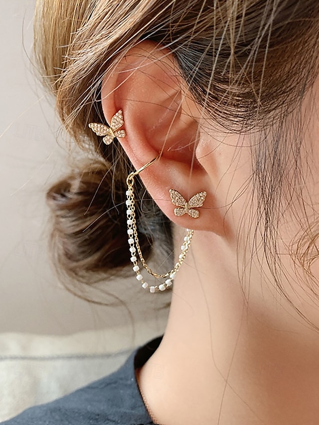  Damen-Ohrringe mit goldenen Schmetterlingsperlen und Kette, asymmetrisches Design, elegantes Schmetterlingsdesign aus Kristall, geeignet für Partys und lässige Urlaubskleidung