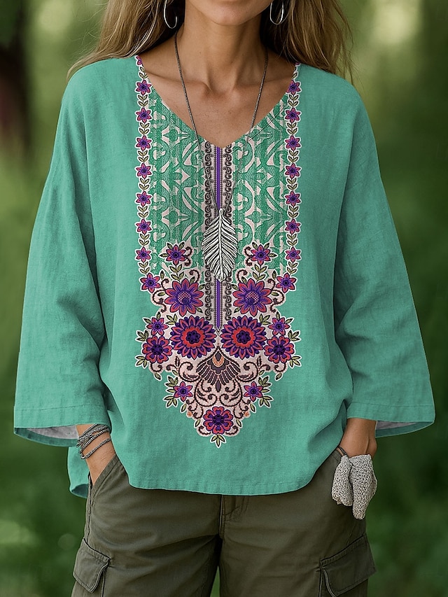  Femmes Chemisier Fleuri Graphique Bohème ancien Quotidien manche longue Col en V Hauts Réguliers Quotidien Fête Vêtements de vacances Imprimé Bleu Violet Vert Été Printemps