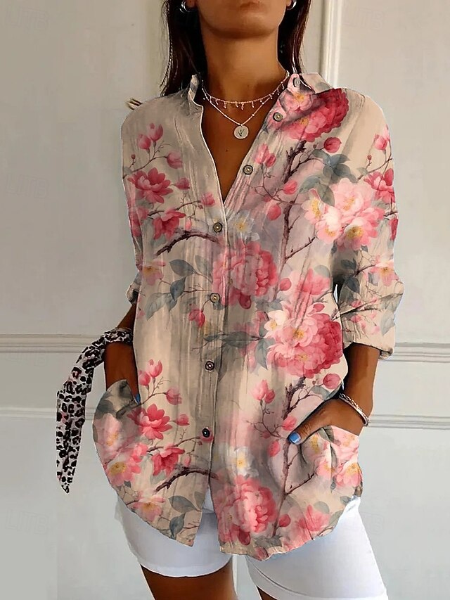 Women's Shirt Flower Daily Stylish Basic Half Sleeve V Neck Regular Tops Daily Holiday Print Yellow Pink Beige Spring Fall4