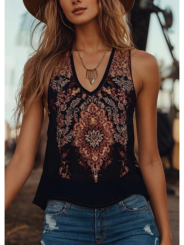  Pentru femei Camisole Tank Top Floral Grafic Boemia Zilnic Έθνικ Fără manșon În V Topuri obișnuite Zilnic Concediu Ieșire Negru Vară Primăvară