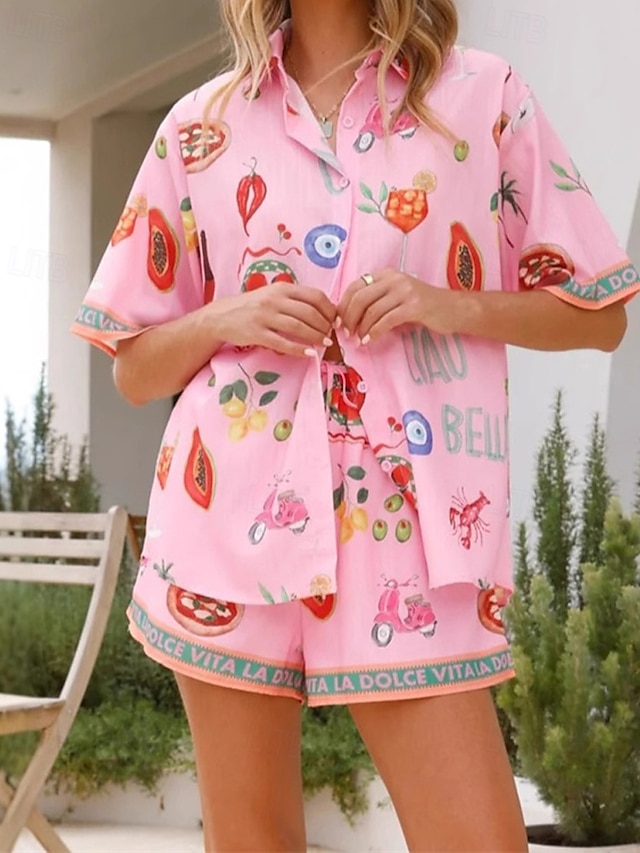  Per donna Moda Streetwear Camicie di cotone e lino Set di biancheria in cotone Set di Pantaloncini Manica Corta Colletto a Camicia Graffiti Stampato Abbigliamento quotidiano Data Rosa Estate