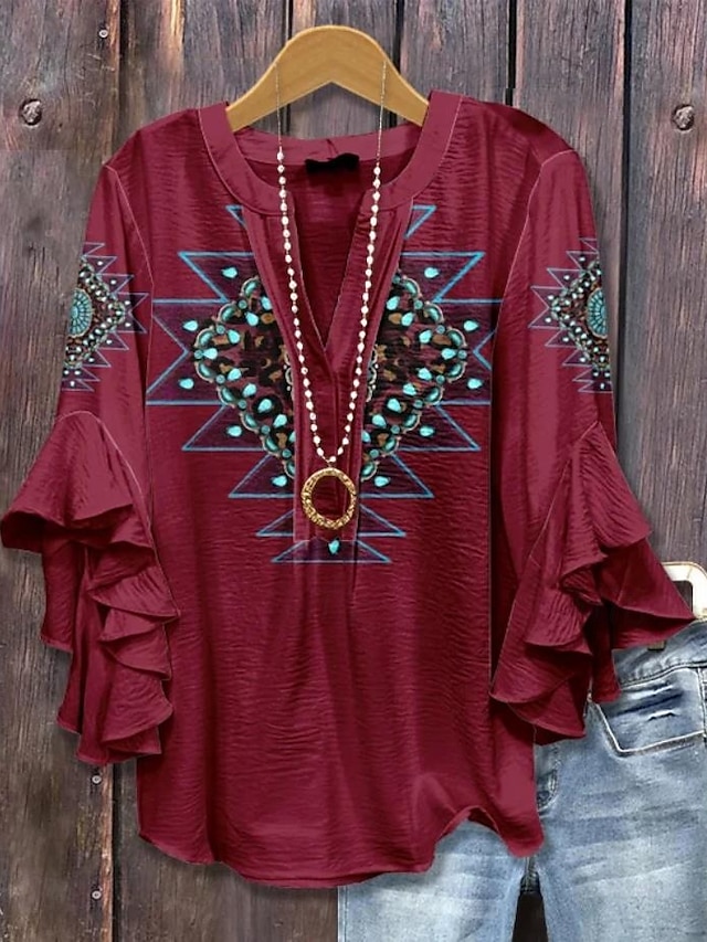  Dames Blouse V-Hals Bloemen Grafisch Geometrisch Bohemia Vintage Dagelijks 3/4 Mouw Flatter Sleeve Reguliere Tops Dagelijks Vakantie Kleding Ruffle Print Wijnrood Blauw Groen Zomer Lente Herfst