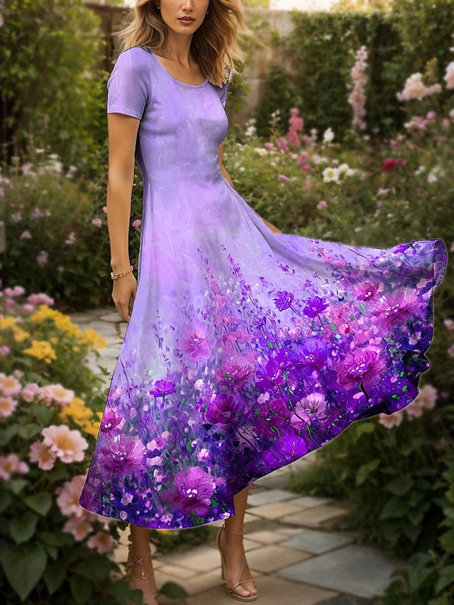 Damskie Sukienka maxi Sukienka dzianinowa Codzienne sukienki Sukienka A line Letnie sukienki Elegancja Urlop Codzienny Regularny Ombre Kwiaty Graficzny Krótki rękaw Kwadratowy dekolt Żółty Czerwony