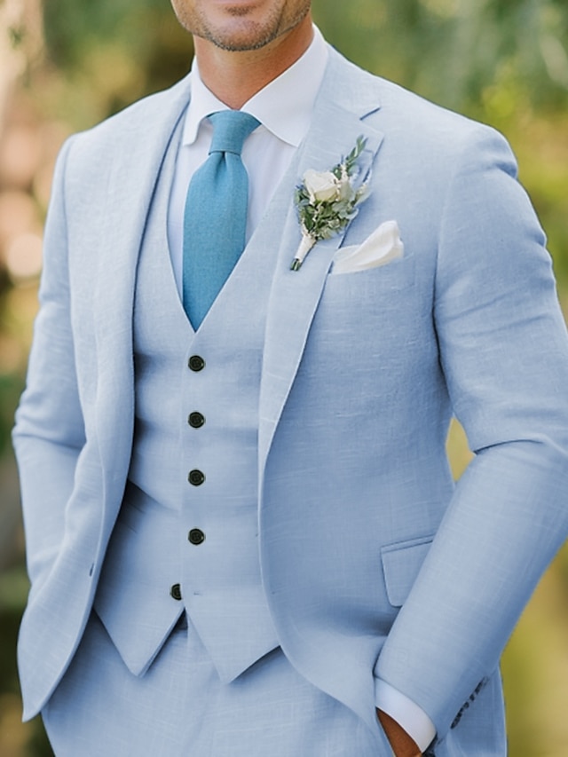  Men's Wedding Linen Suits Sky Blue Summer Formal Solid Colored Standard Fit 3 Piece Single Breasted Two-buttons