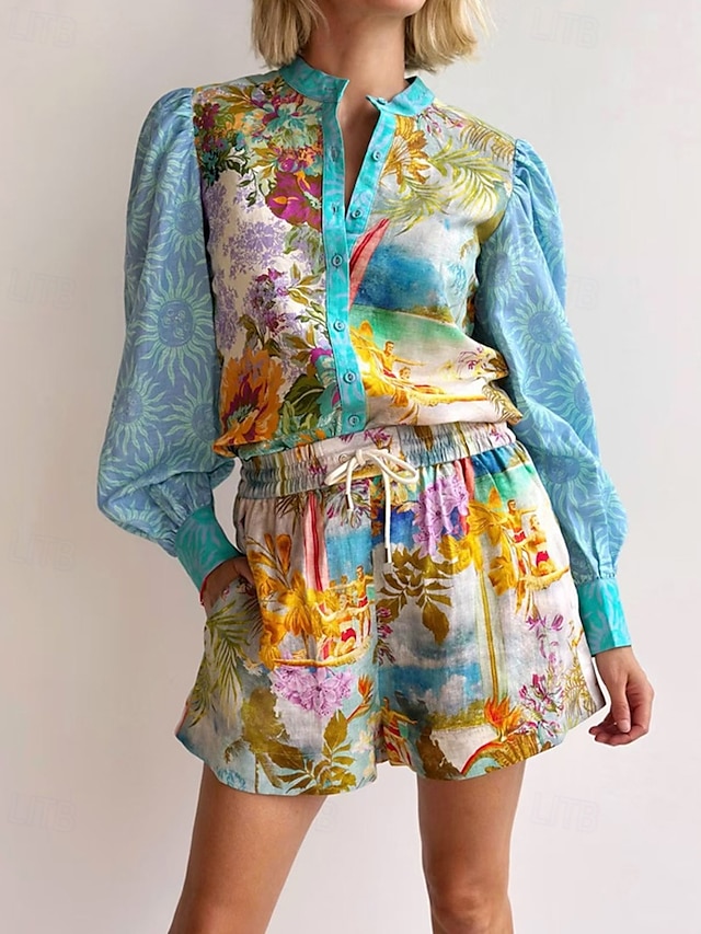  Femmes Mode Streetwear Chemises en coton et lin Ensembles en coton et lin Ensembles de Shorts manche longue Col de chemise Usine Imprimé Tenue quotidienne Date Bleu Été Coupe régulière