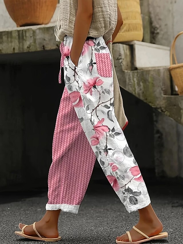 Women's Chinos Baggy Pants Beach Shorts Vintage Fashion Basic Full Length High Waist Floral Graphic Plaid Printing Soft Breathable Micro-elastic Vacation Causal Casual Pinky Summer Spring Regular Fit4