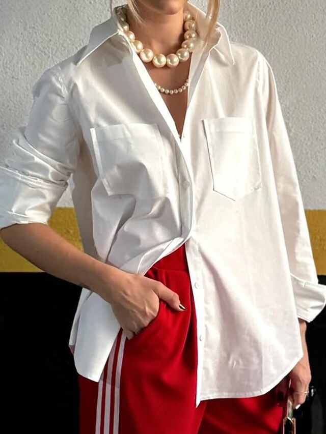  Mujer Camisa Blusa Plano Moderno Casual Manga Larga Cuello Camisero Tops regulares Diario Festivos Noche Botones Bolsillo Blanco Verano