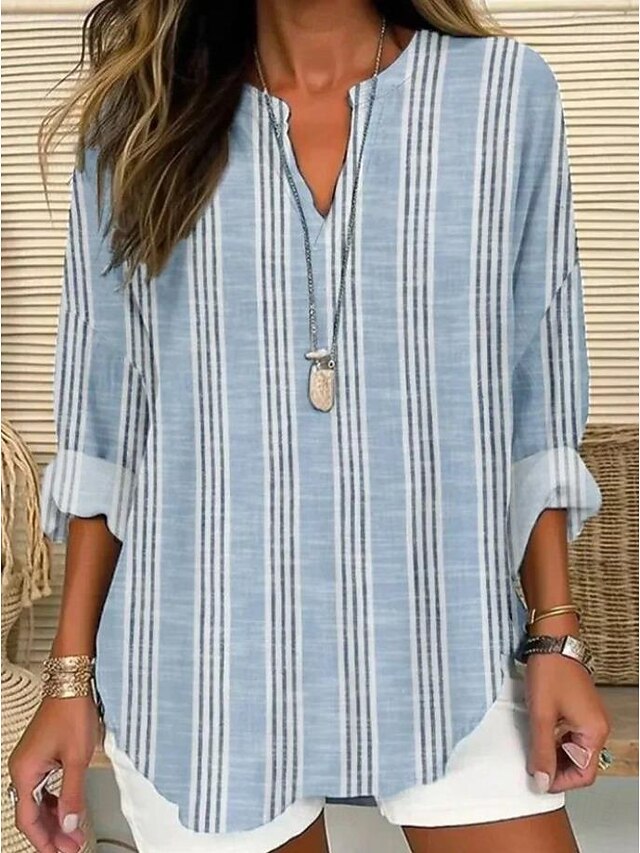 Women's Blouse Tunic V Neck Long Sleeve Boho Casual Tops Cotton Linen Graphic Striped Daily Business Regular Tops Work Daily Buttons Print Blue Gray Light Blue4
