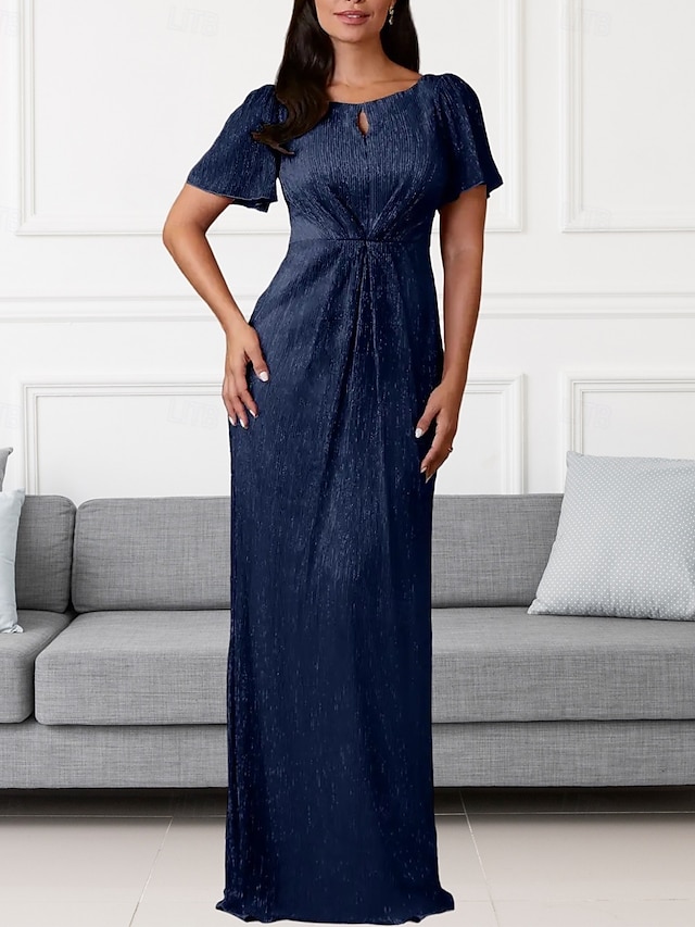 A-Linie Brautmutterkleid Hochzeitsgast Elegant Rundhalsausschnitt Bodenlang Chiffon Kurzarm mit Raffung 2025