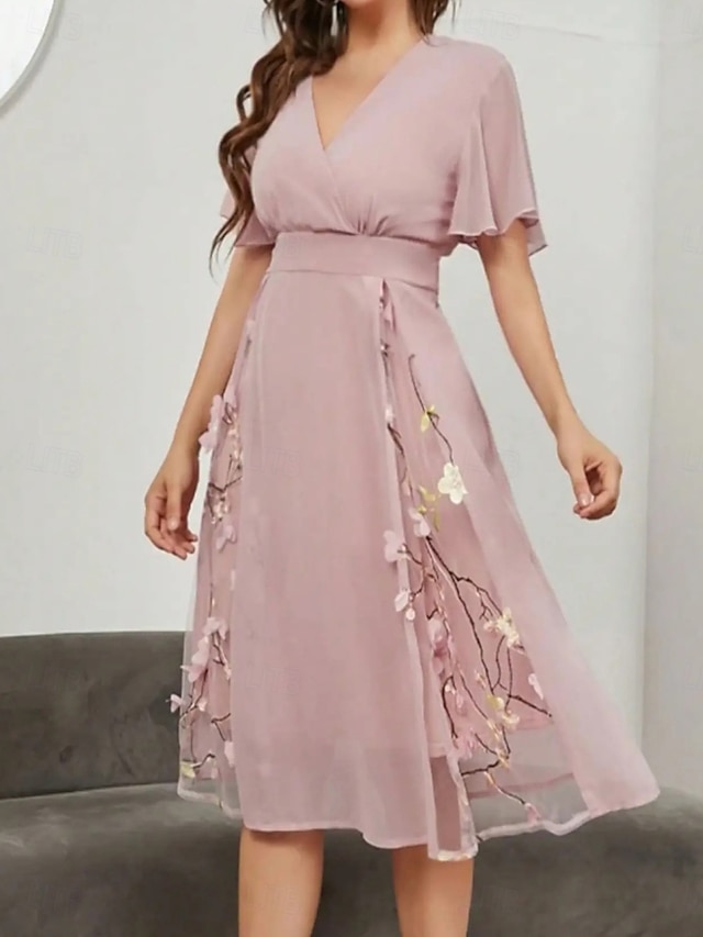  Damen Midikleid A Linie Kleid Sommerkleid Lässig Täglich Normale Passform Blumen Kurzarm V Ausschnitt Rosa Sommer