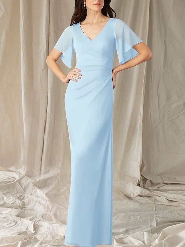  Sirène / Trompette Robe de Mère de Mariée  robe demoiselle d honneur Élégant Doux Col en V Longueur au sol Chiffon Manche Courte avec Fronces 2025