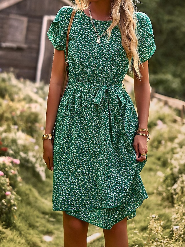  Dam Mini klänning Blommig klänning Boho-klänning Klänning med tryck Mode Klassisk Modern Semester Helgdag Utekväll Normal Blomma Kortärmad Rund hals Rubinrött Blå Brun Grön Sommar