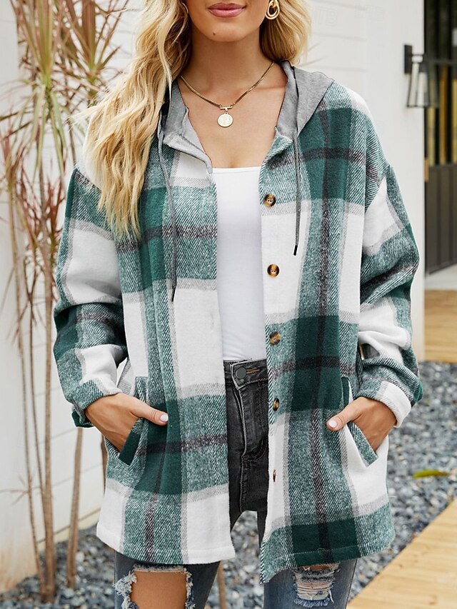 Women's Casual Jacket Dailywear Button Plaid Casual / Daily Vintage Loose Fit Outerwear Long Sleeve Summer Wine Red S 7