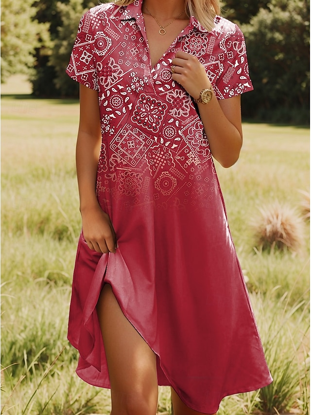  Damen Midikleid A Linie Kleid Sommerkleid Urlaub Lässig Strand Date Sommerkleid Normale Passform Blumen Grafik Kurzarm Revers Rosa Rote Blau Fuchsie Sommer