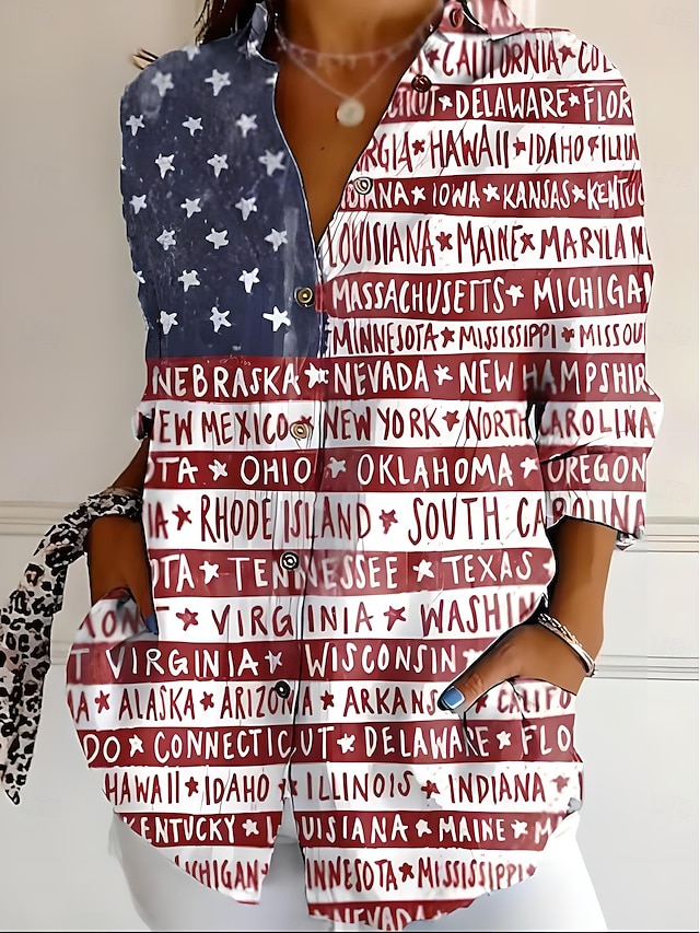  Independence Day Women's Patriotic Fourth of July Shirt Graphic Flag USA Vintage Daily Stylish Long Sleeve Shirt Collar Regular Tops Work Daily Buttons Print Denim Blue Black Red Blue Summer Spring