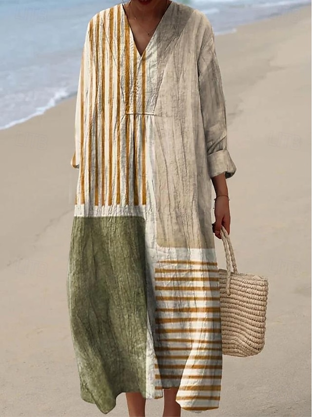  Per donna Abito Midi Vestito Estivo Abito a trapezio Vacanza Casual Boho Uscire Spiaggia Vestibilità comoda Grafico Manica Lunga Scollo a V Nero Blu Arancione Cachi Estate Primavera