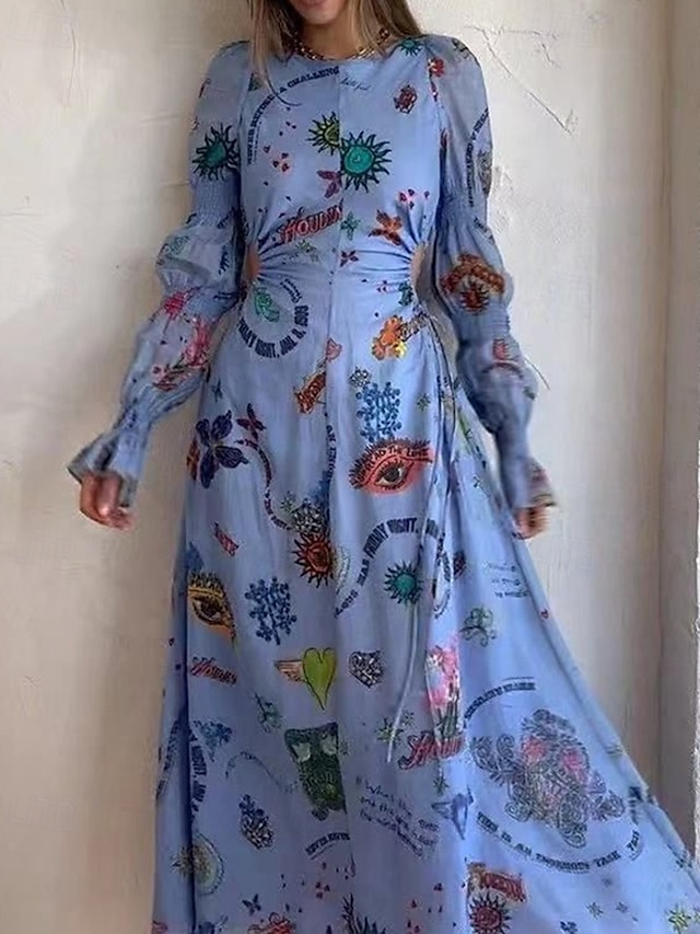 Damen Langes Kleid Maxikleid Baumwoll-Leinen-Kleider Freizeitkleid Mode Outdoor Party Ferien Normale Passform Bemalt Langarm Rundhalsausschnitt Blau Sommer
