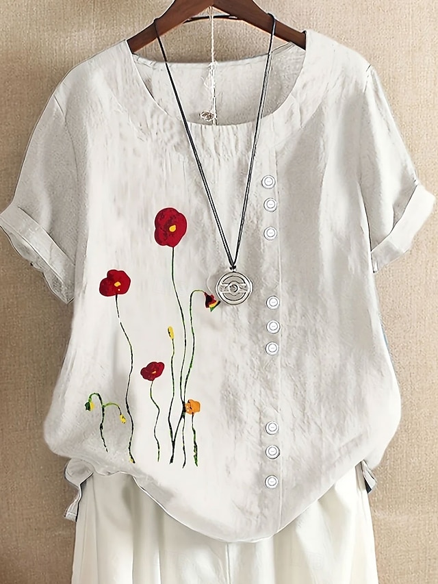  damebluse i bomull og lin, blomstrete, grafisk, vintage, avslappet, korte ermer, rund hals, vanlig topper, daglig, ute, knapper, trykk, asymmetrisk kant, hvit, blå, sommer, vår
