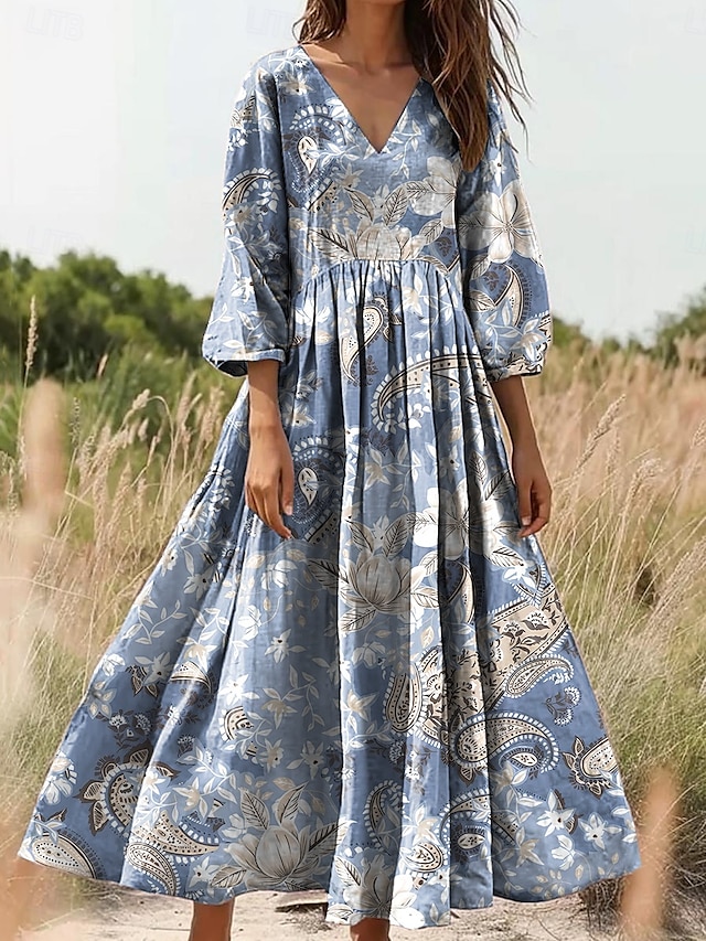  Damen Maxikleid Sommerkleid A Linie Kleid Faltenkleid Urlaub Lässig Boho Ausgehen Lässiger Schnitt Blumen Grafik Dreiviertelarm V Ausschnitt Rosa Blau Grün
