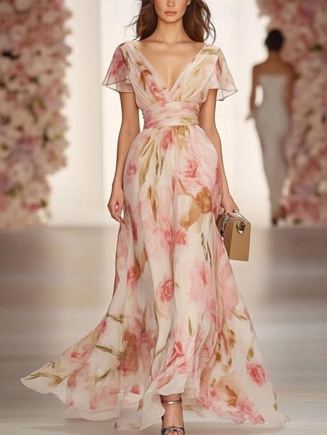  Women's Maxi Dress A Line Dress Casual Outdoor Going out Regular Fit Floral Graphic Short Sleeve V Neck Pink Summer
