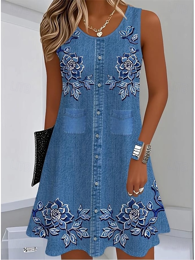  Damen Minikleid Sommerkleid A Linie Kleid Urlaub Lässig Täglich Normale Passform Grafik Einfach Ärmellos U-Ausschnitt Blau Dunkelblau Sommer