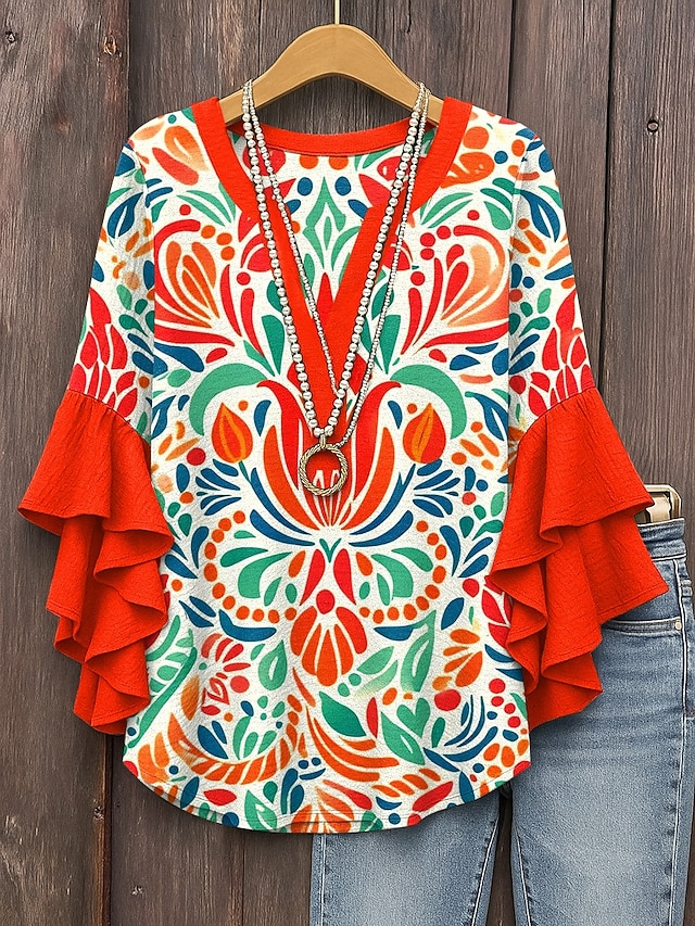  Dámská blůza s výstřihem do V vrstvené volány květinový grafický motiv bohémský styl vintage každodenní rukáv 3/4 hladké blůzy každodenní prázdninové nošení potisk bílá modrá prachově modrá oranžová