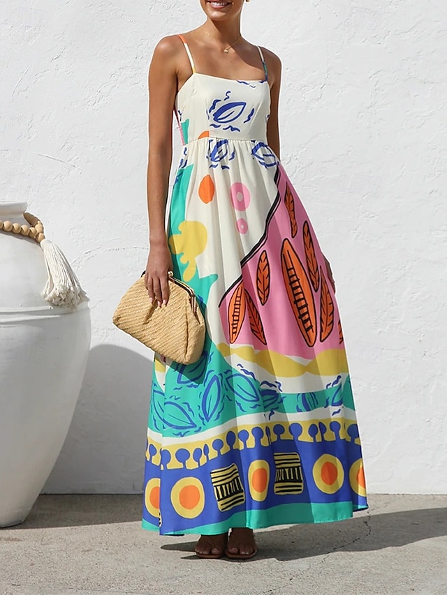  Pentru femei Rochie Lunga Rochie Maxi Rochii de in bumbac Rochie casual Rochie Slip Modă În aer liber Petrecere Concediu Fit regulat Bloc Culoare Fără manșon Bretele Spagheti Albastru piscină Vară
