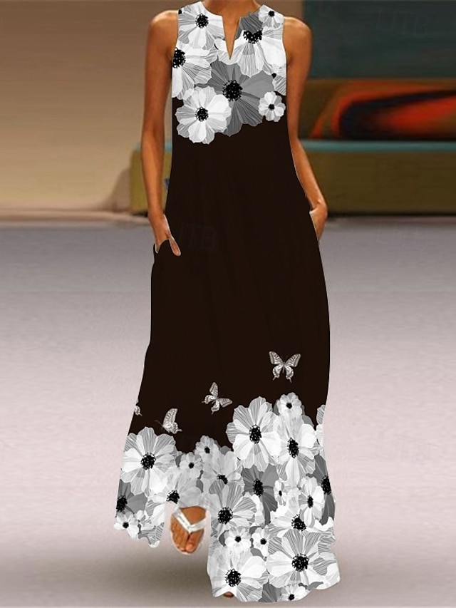  Pentru femei Rochie Lunga Rochie Maxi Rochie casual Rochie de vară Modă În aer liber Petrecere Concediu Fit regulat Floare Fără manșon În V Negru Alb Roz Îmbujorat Vară