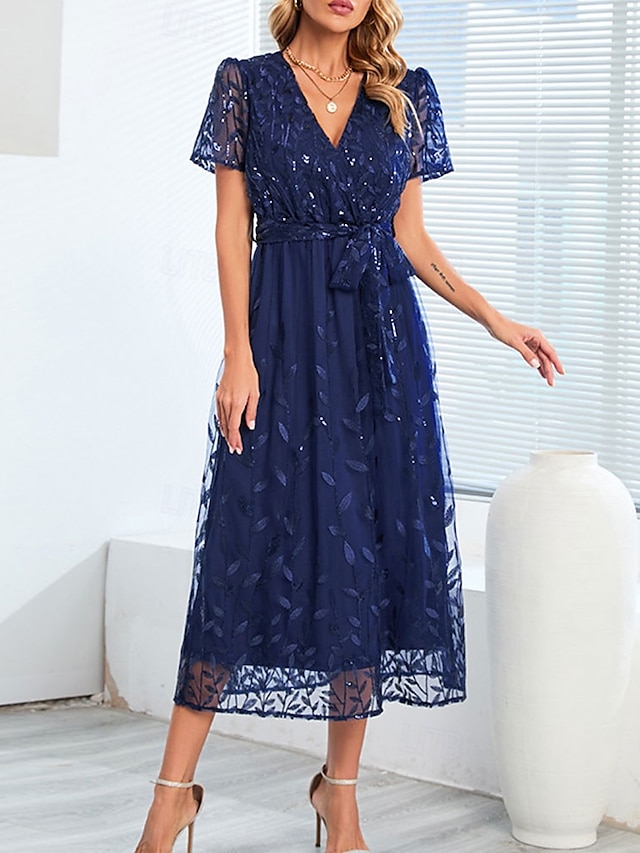  Vestido A-Line de Lantejoulas Mãe da Noiva Vestido Elegante V Neck Comprimento do Chão Renda Manga Curta com Faixa  Cinta Pregas