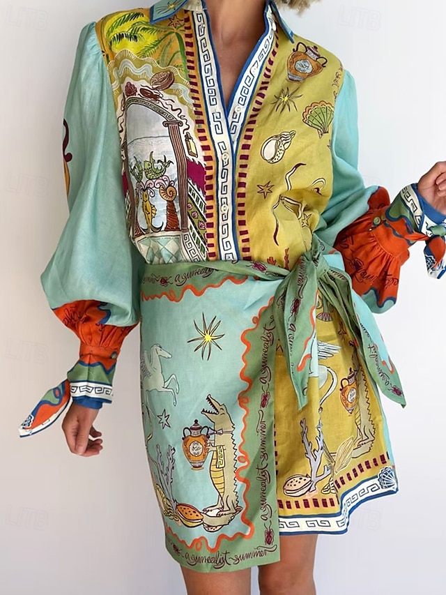  Femmes Mini Robe Robes en coton et lin Robe Décontractée Mode Extérieur Soirée Fête Coupe régulière Animal manche longue Col de chemise Vert Été