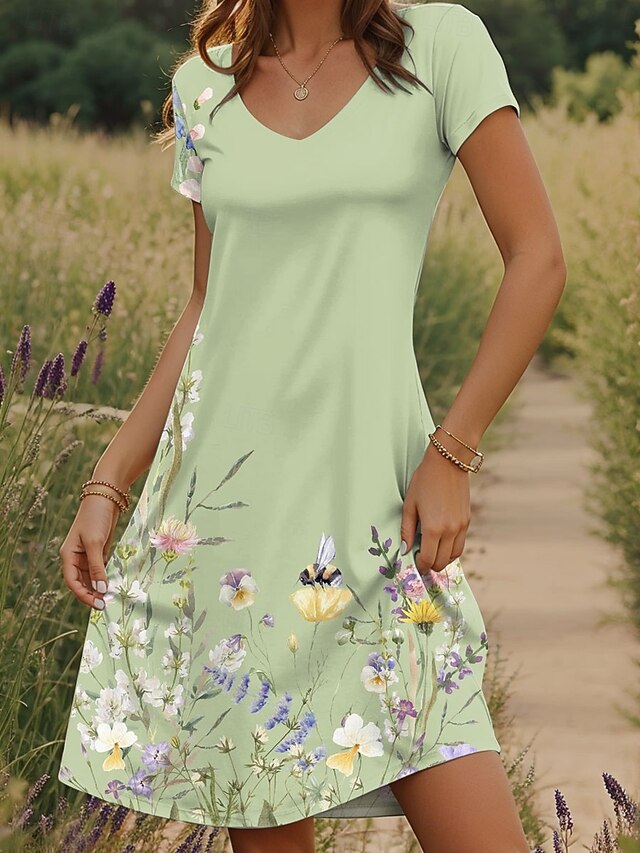 Women's Mini Dress T Shirt Dress Tee Dress Sundress Summer Dress Vacation Casual Boho Daily Going out Regular Fit Floral Graphic Short Sleeve V Neck Purple Green Summer4