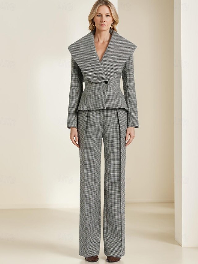  Houndstooth Plaid Pantsuit Two Piece Mother of the Bride Pantsuit Elegant Vintage Simple V Neck Floor Length Long Sleeve with Pleats