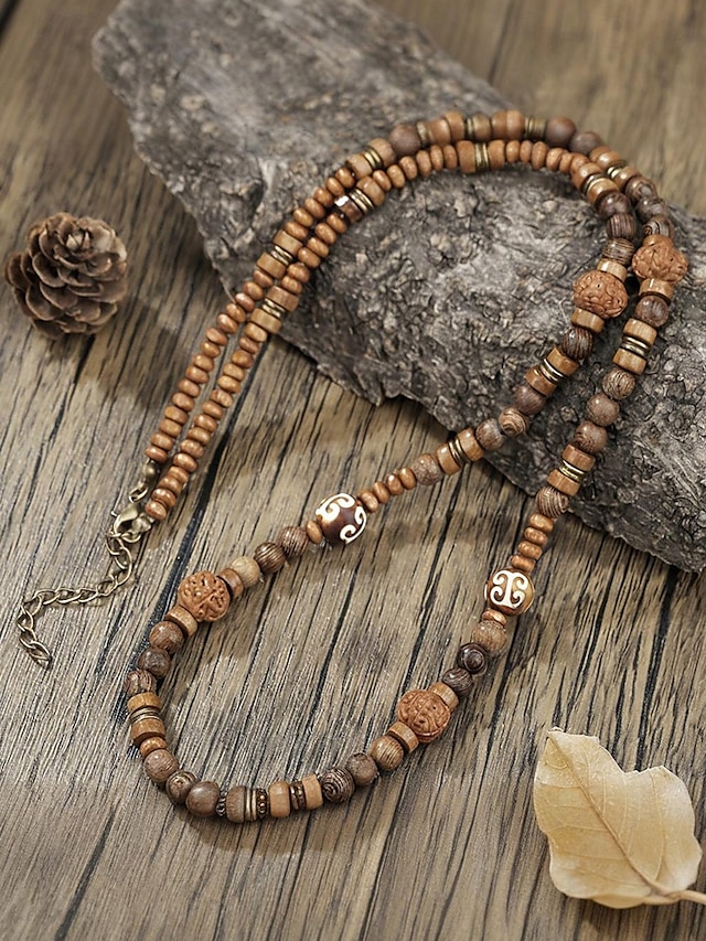  Collier de perles en bois naturel pour homme – Bijoux tribaux bohèmes faits à la main pour le yoga, la méditation, les festivals et le quotidien
