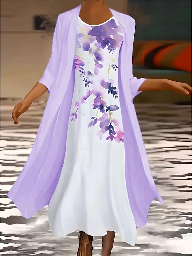  Pentru femei Set de rochii Rochie de vară Vacanță Casual Ombre Floral Imprimeu Rochie Maxi Lungime Manșon 3/4 Stil Nautic Invitat la nunta Zi de Naștere Alb Mov Deschis Mov Vară Primăvară Fit regulat