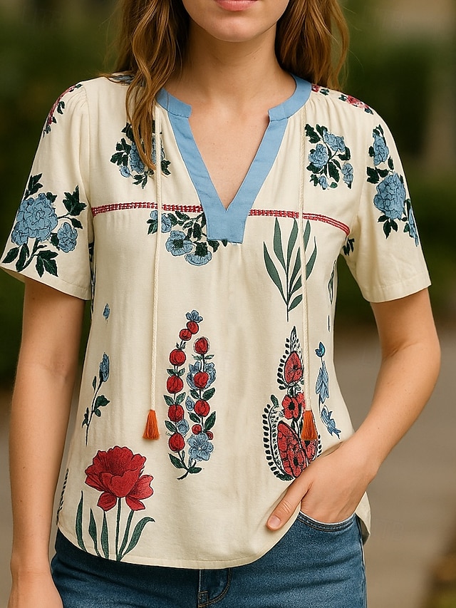  Femmes Hauts d'été Fleuri Occasionnel Boho Chaussures de plage Demi Manches Col en V Hauts Réguliers Abricot Été