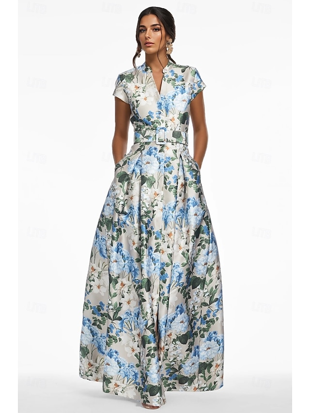  Abito da sera A-Line elegante Abito formale per matrimoni invitati lunghezza fino al pavimento maniche corte scollo a V tasca in satin con stampa floreale Abito per invitata al matrimonio 2025