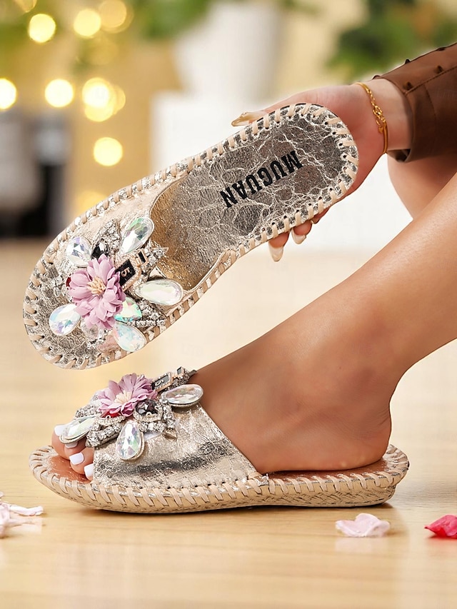  női arany strasszkövekkel díszített lapos csúszdás szandál – virágos kristály espadrille slip-on nyári tengerparti esküvőkhöz és nyaralási ruhákhoz