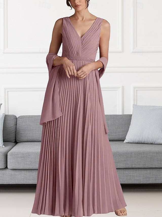  Ligne A Robe de Mère de Mariée  robe demoiselle d honneur Élégant Col en V Longueur au sol Chiffon Sans manches Echarpe incluse avec Perlage Fronces 2025