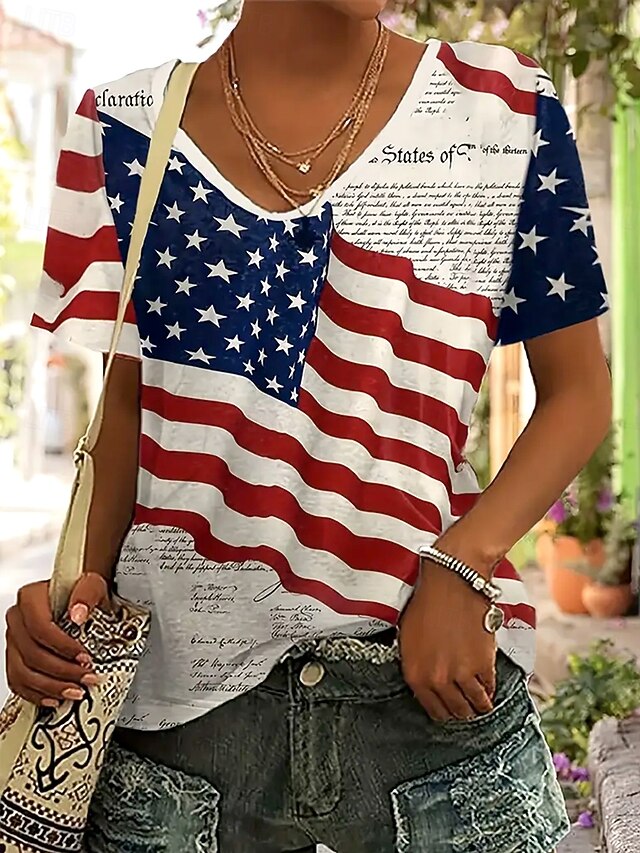 Women's Patriotic  T Shirt Flag American Flag Vintage Fashion Hawaiian Short Sleeve V Neck Regular Tops Daily Weekend Beach Wear Print Red Summer Spring4