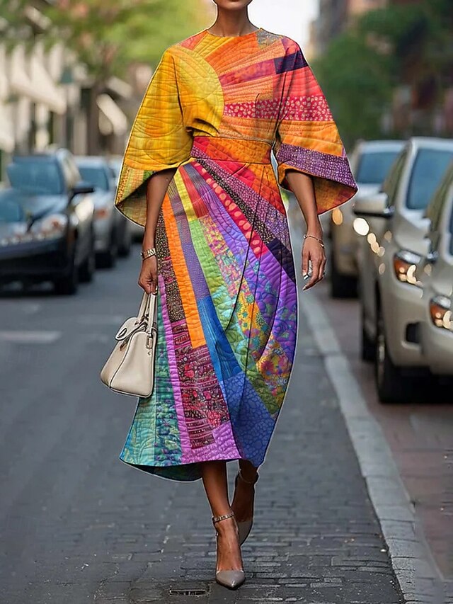 Women's Midi Dress Floral Dress Print Dress Fashion Classic Modern Vacation Daily Holiday Regular Fit Flower Half Sleeve Crew Neck Yellow Orange Green Summer4