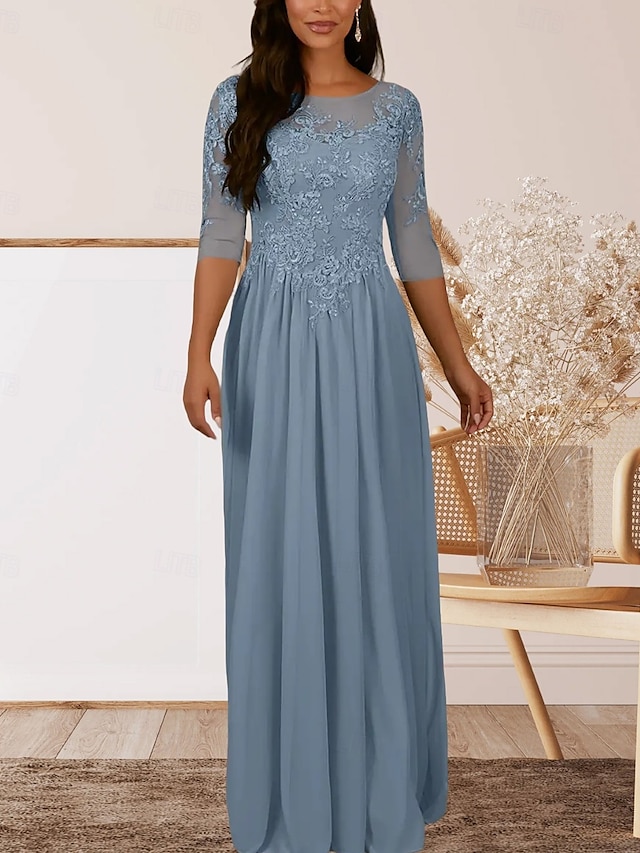  Vestido para Mãe da Noiva em A Convidada de Casamento Elegante Decote Redondo Comprimento até o Chão Chiffon Manga Curta com Pregas e Apliques