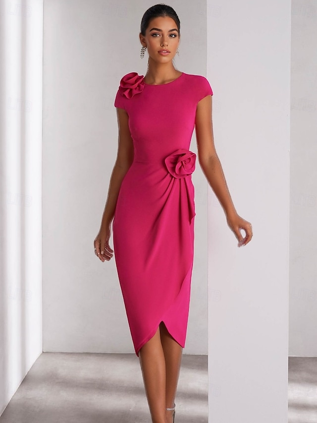  Abiti da cocktail eleganti, formali, da cerimonia, da invitata, in rosa, a maniche corte, con scollo rotondo, in crêpe elasticizzata con fiori sulle spalle, lunghezza alla caviglia, 2025