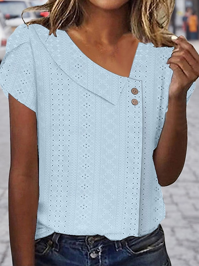  Tricou pentru Femei Culoare Uniformă Simplă Modă Stilat Modern Mâneci Scurte Gât în V Ținute Zilnice Weekend Butoni Ochii Alb Galben Roz Albastru Violet Vară