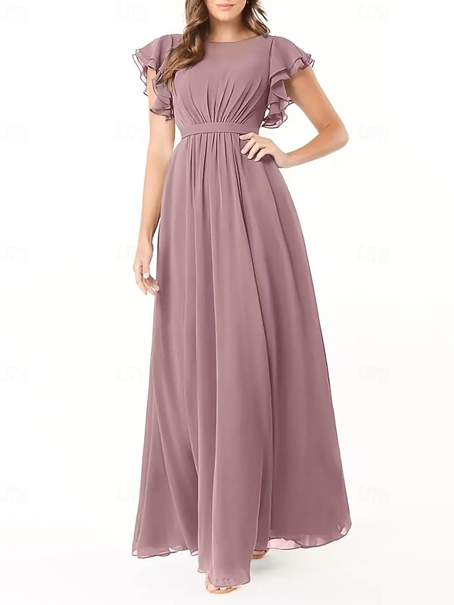  A-Line Brudepigekjole Rund Hals Lange Ærmer Elegant Gulvlængde Chiffon med Plisseringer  Rynkning