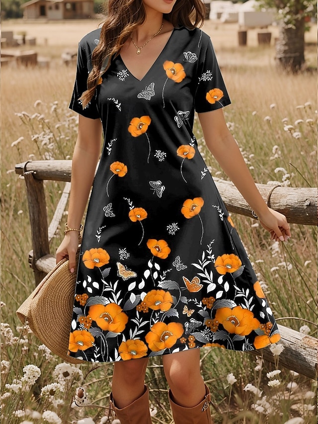  Damskie Sukienka mini Sukienka t-shirtowa Sukienka letnia Letnie sukienki Urlop Codzienny Boho Codzienny Wyjściowe Regularny Kwiaty Graficzny Krótki rękaw W serek Czerwony Niebieski Pomarańczowy