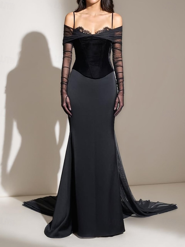  Abito nero in velluto con corsetto, abito da sera a sirena/tromba, elegante, formale, da sposa, strascico a corte, scollo a cuore, in pizzo con manica arricciata 2025