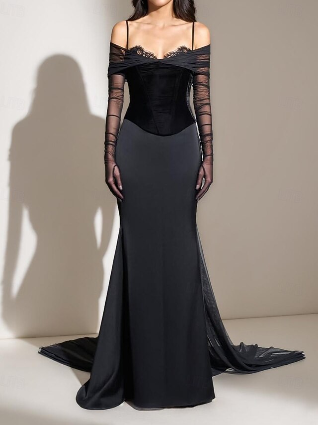 Black Dress Velvet Corset Dress Mermaid / Trumpet Evening Gown Elegant Dress Formal Black Tie Gala Dress Wedding Court Train Sweetheart Lace with Ruched Sleeve4